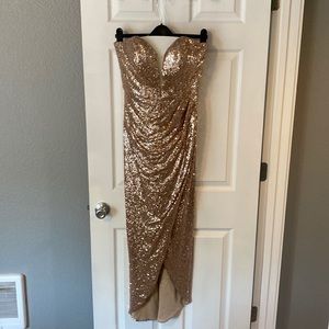 La Femme Sequin Strapless Ruched Gown